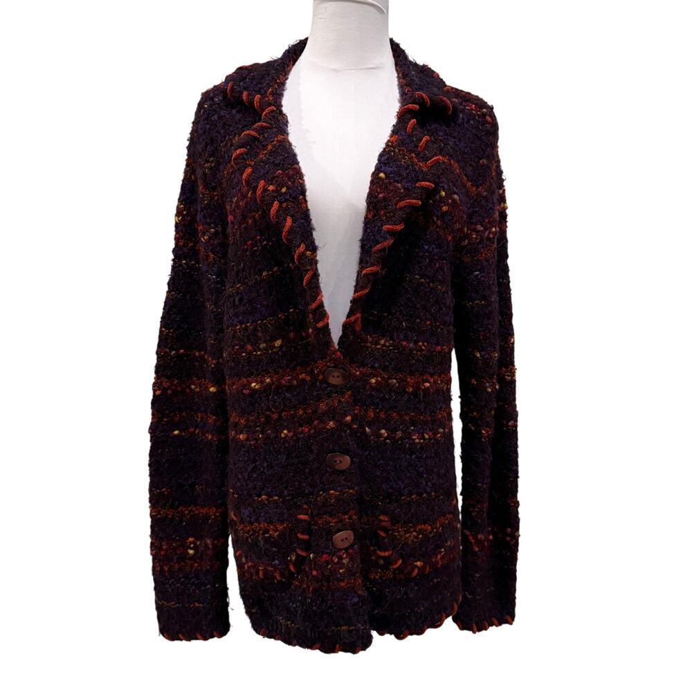 Coldwater Creek Boucle Cardigan Sweater Purple Multicolor Boho Large Artsy Indie